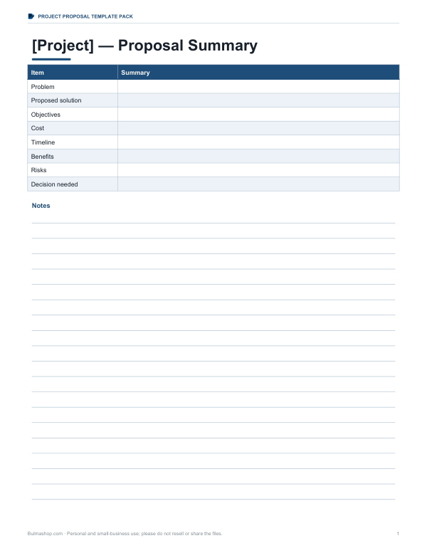 Preview of Project Proposal Summary Template
