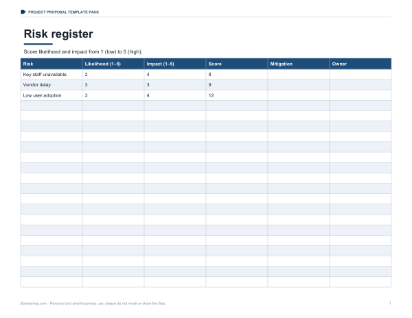 Preview of Printable Risk Register Worksheet